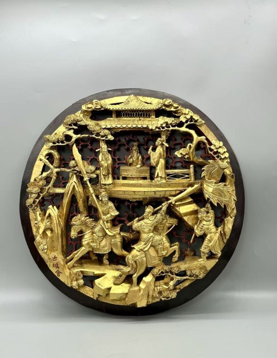 中国清時代 古城會 彫刻 木彫 人物像 金泥 金漆 彩色細密彫刻仏像 サイズ約 神像唐物清朝古像 博物館 置物 中国古玩拍卖