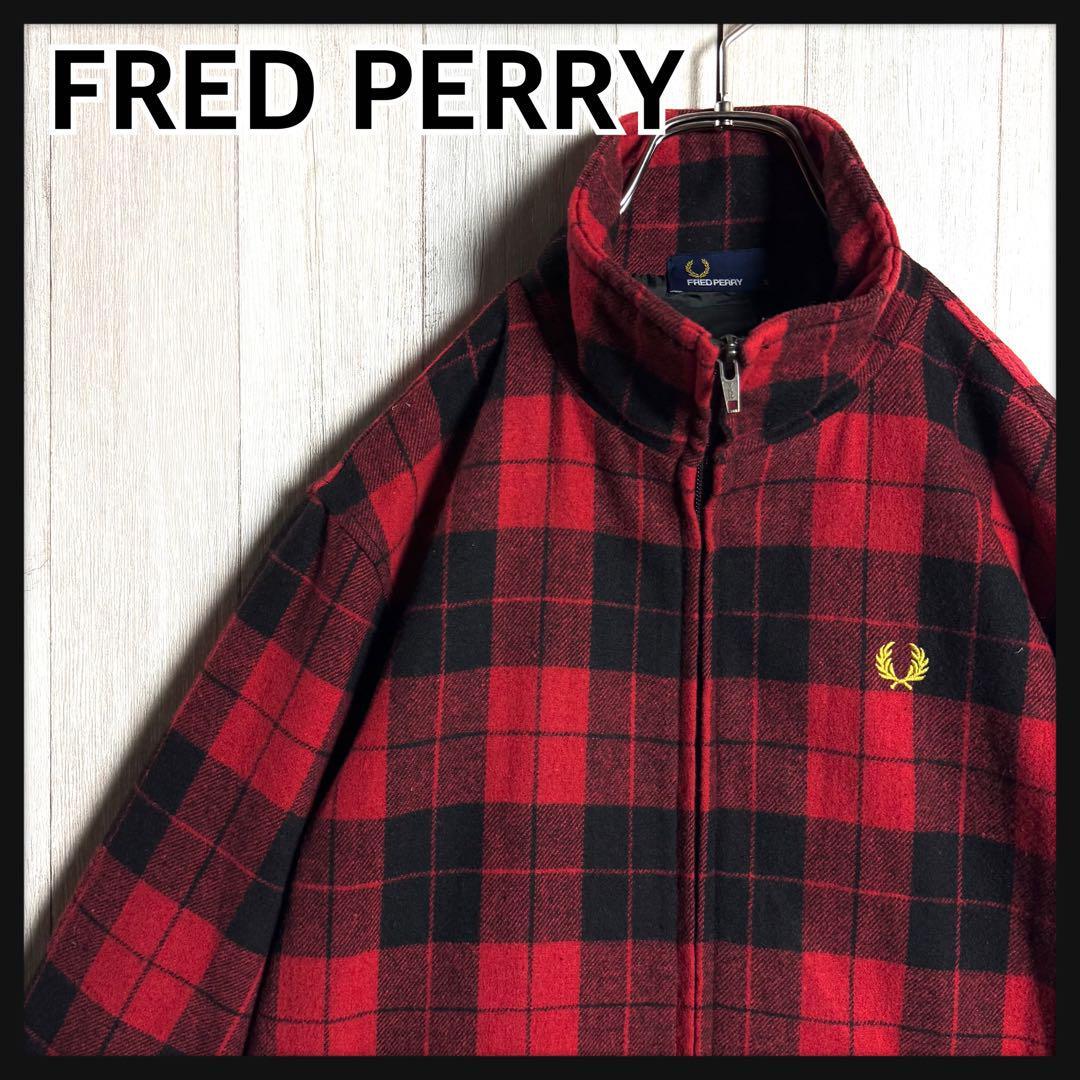 【美品】FRED PERRY フレッドペリー 刺繍ロゴ バッファローチェック柄 ウール スイングトップ ブルゾン レッド×ブラック 赤黒 S拍卖
