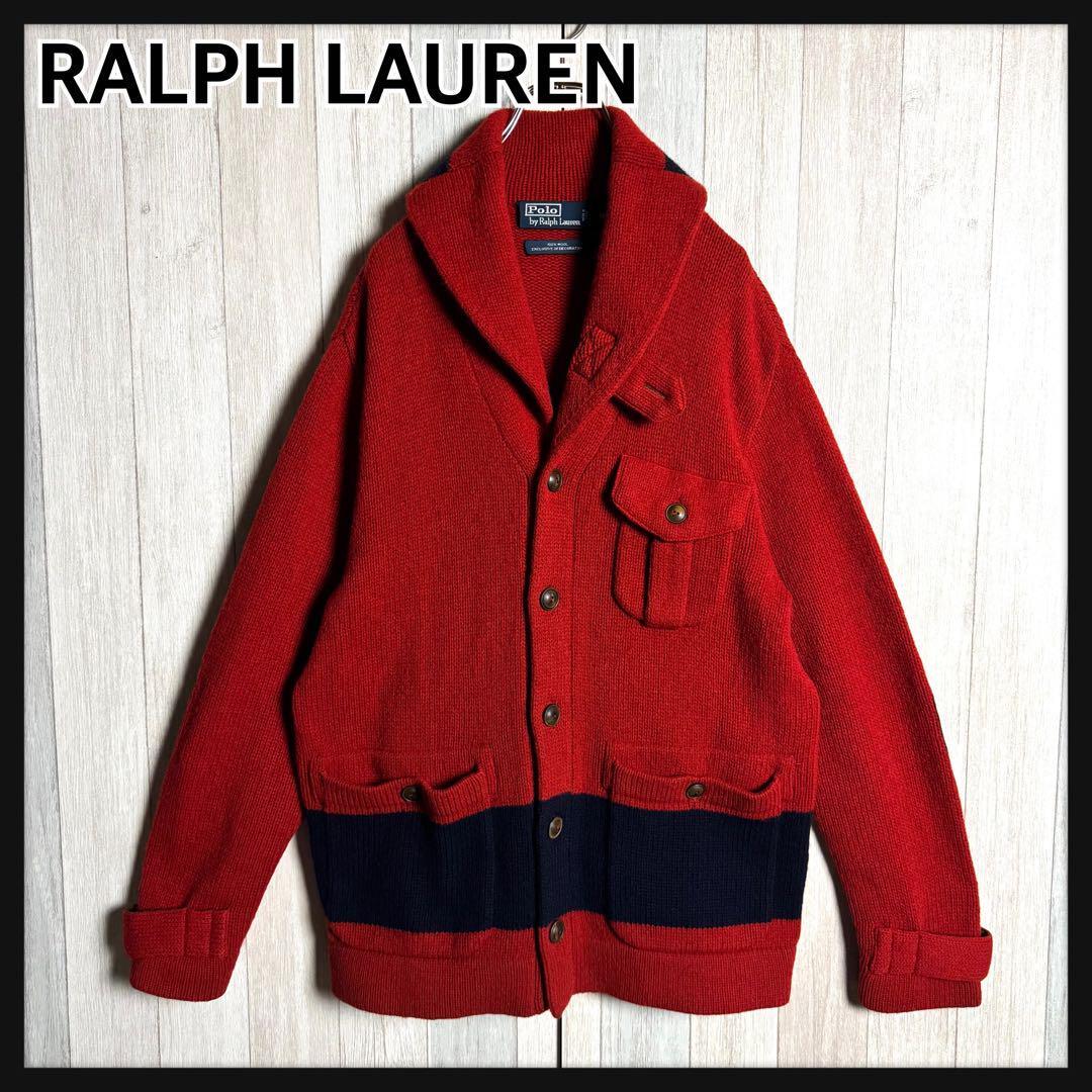 【希少・美品】Polo by Ralph Lauren ポロバイラルフローレン エルボーパッチ付 バイカラー ウール カーディガン レッド×ネイビー 赤紺 M拍卖