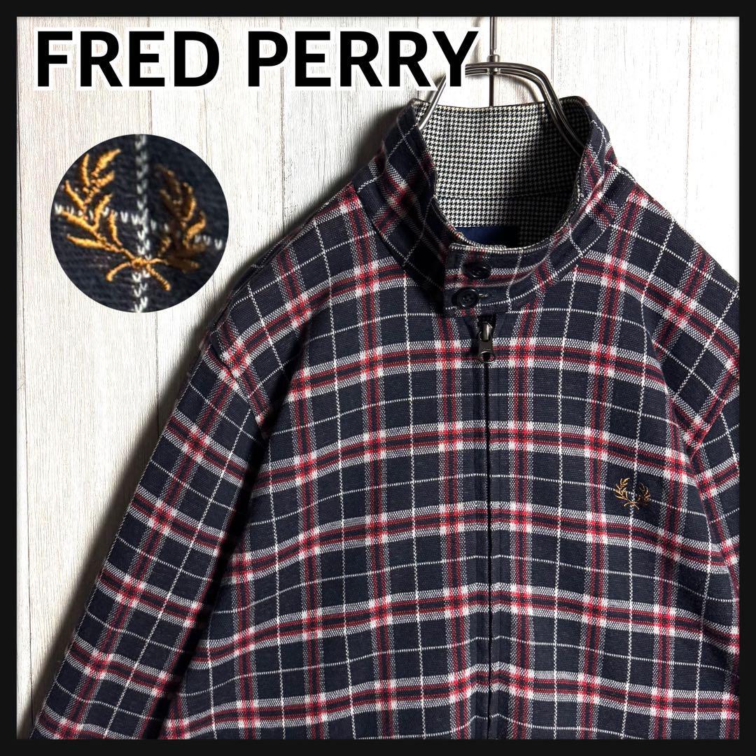 【希少・美品】FRED PERRY フレッドペリー 刺繍ロゴ マドラスチェック柄 スイングトップ ブルゾン ジャケット ネイビー×レッド 紺・赤 M拍卖