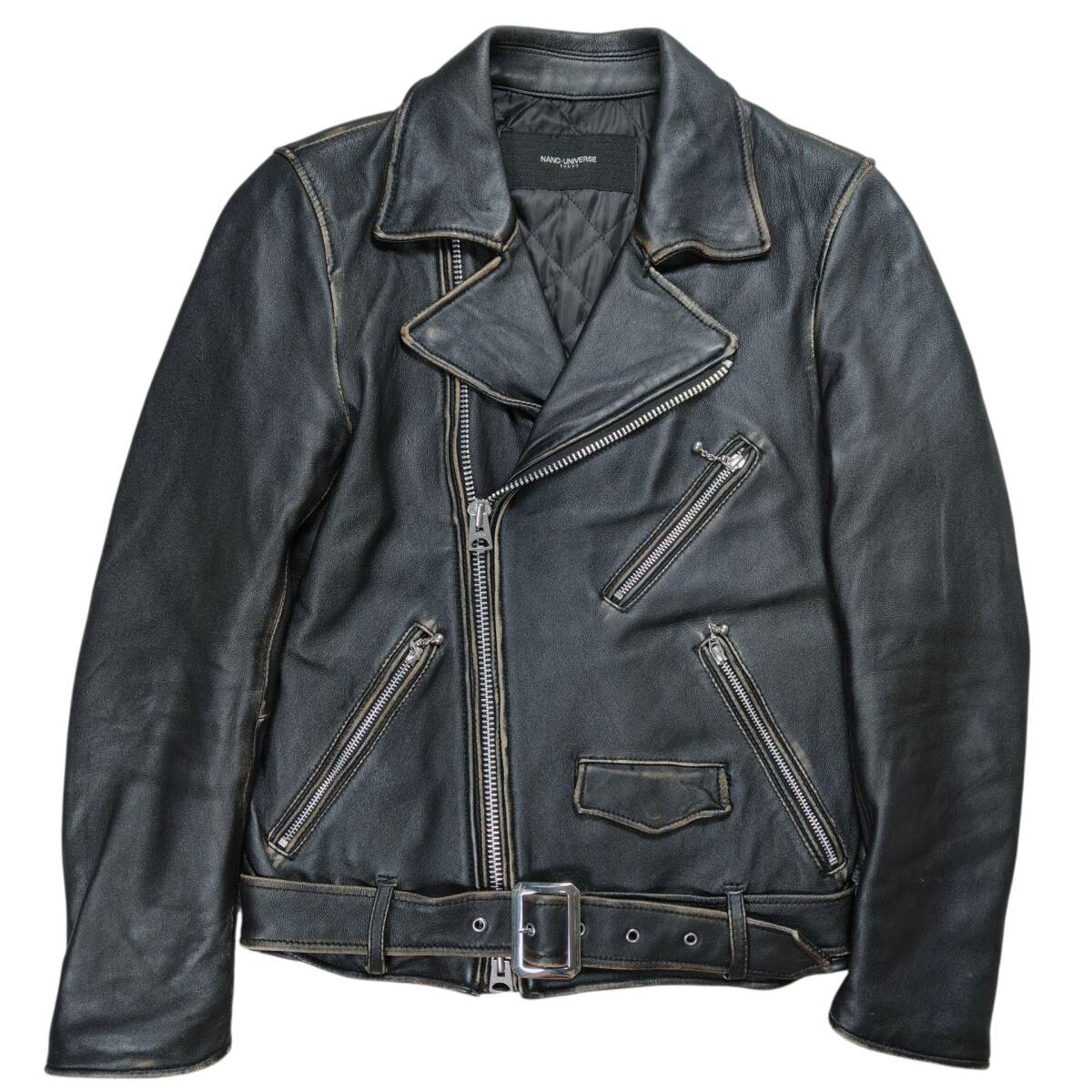 美品 ナノユニバース 羊革 ダブルライダースジャケット Sサイズ THERMOLITE 中綿入り ダブルジップ ユーズド加工 ブラック NUC63L01082SH拍卖