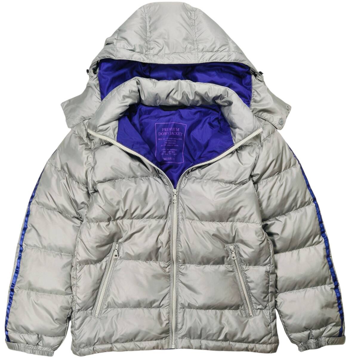 UNIQLO オールドユニクロ プレミアムダウンジャケット M フード着脱可 シルバーグレー 紫裏地 サイドライン ダウン90% フェザー10%拍卖