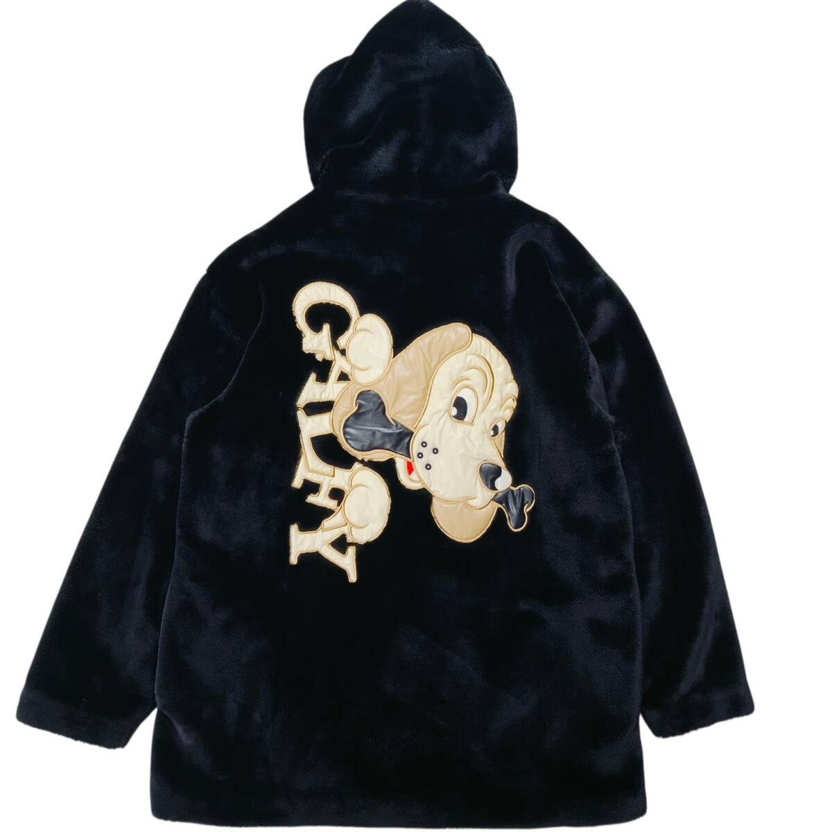 GALFY ガルフィー キャラ刺繍 ファー パーカー L〜XL相当 黒 ブラック フード付き モコモコ ーバーサイズ 大きい ダブモコ ジップアップ拍卖