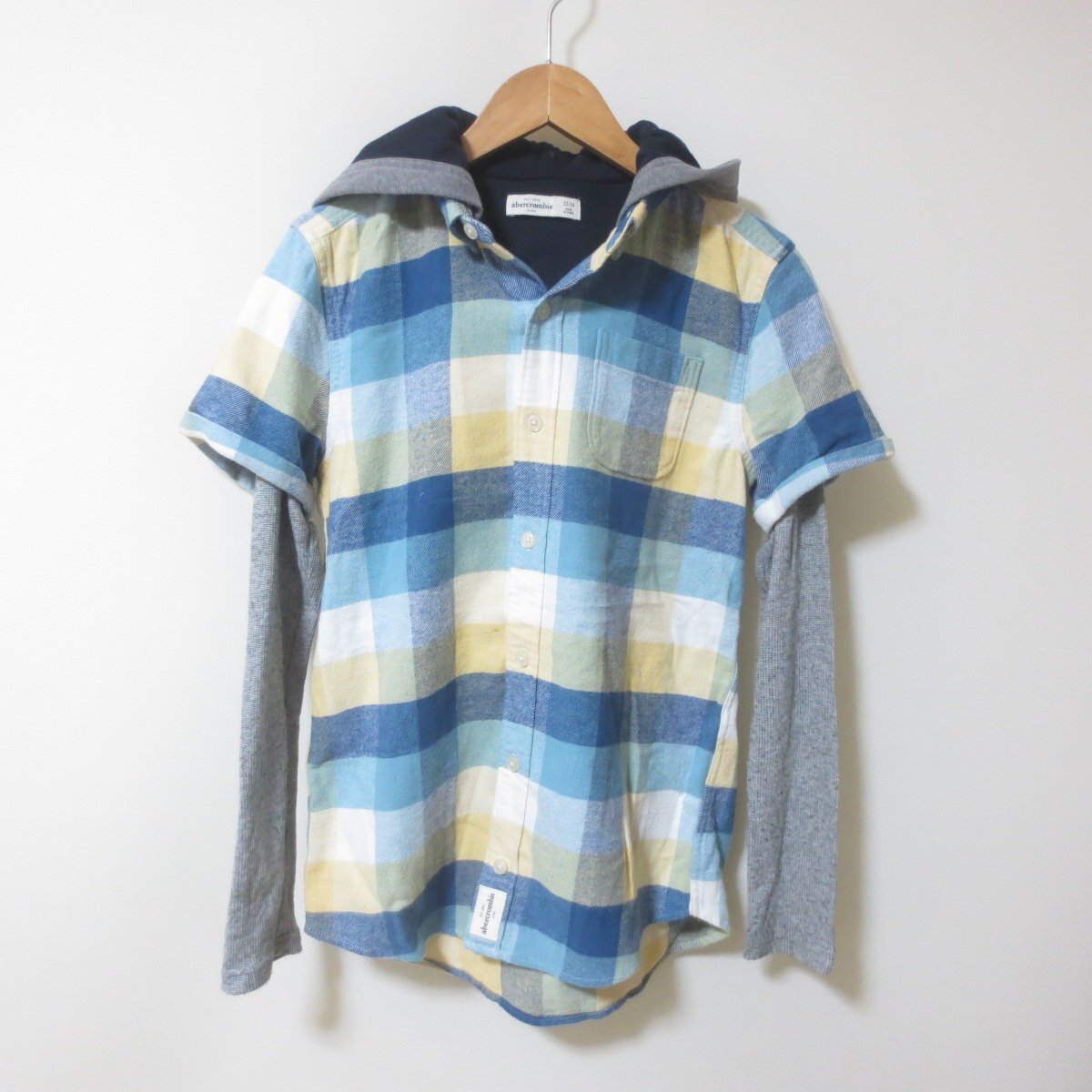 C209 Abercrombie & Fitch アバクロンビー&フィッチ キッズ チェック柄 シャツ フード付き 重ね着風 13/14拍卖