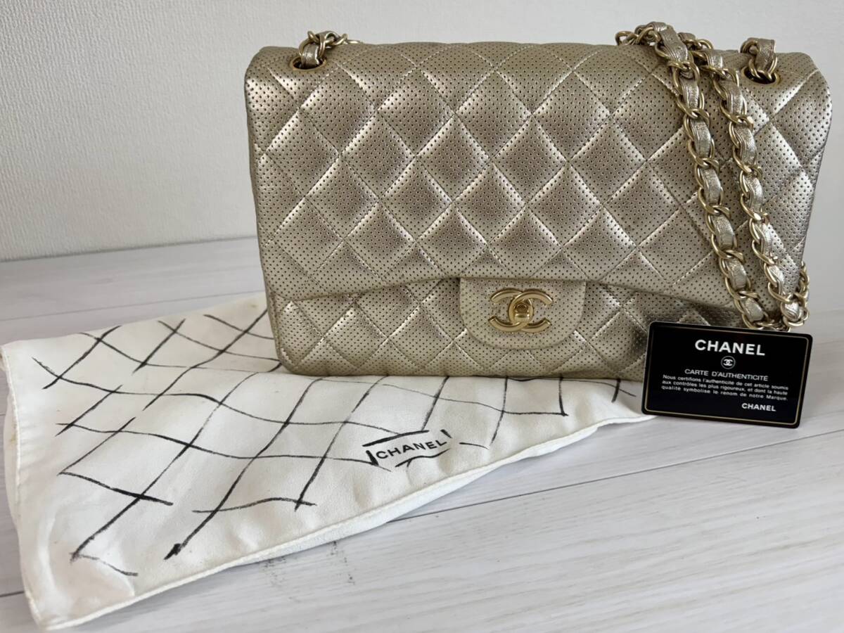 1円スタート【希少、美品】CHANEL シャネル ショルダーバッグ デカマトラッセ Wチェーン パンチング レザーゴールド【20795015】拍卖