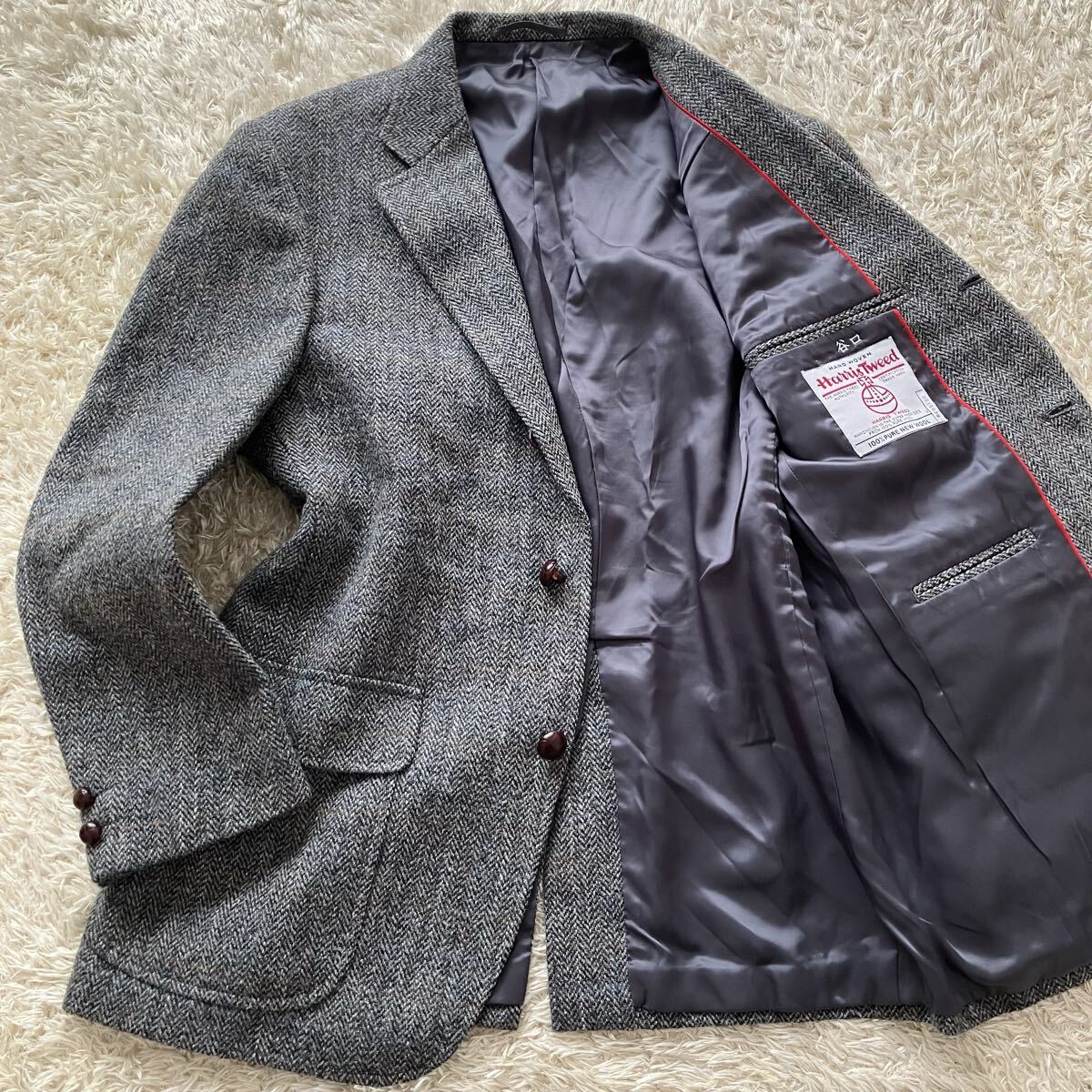 J.PRESS×Harris Tweed ジェイプレス ハリスツイード テーラードジャケット ヘリンボーン ウィンドウペン くるみボタン グレー L相当拍卖