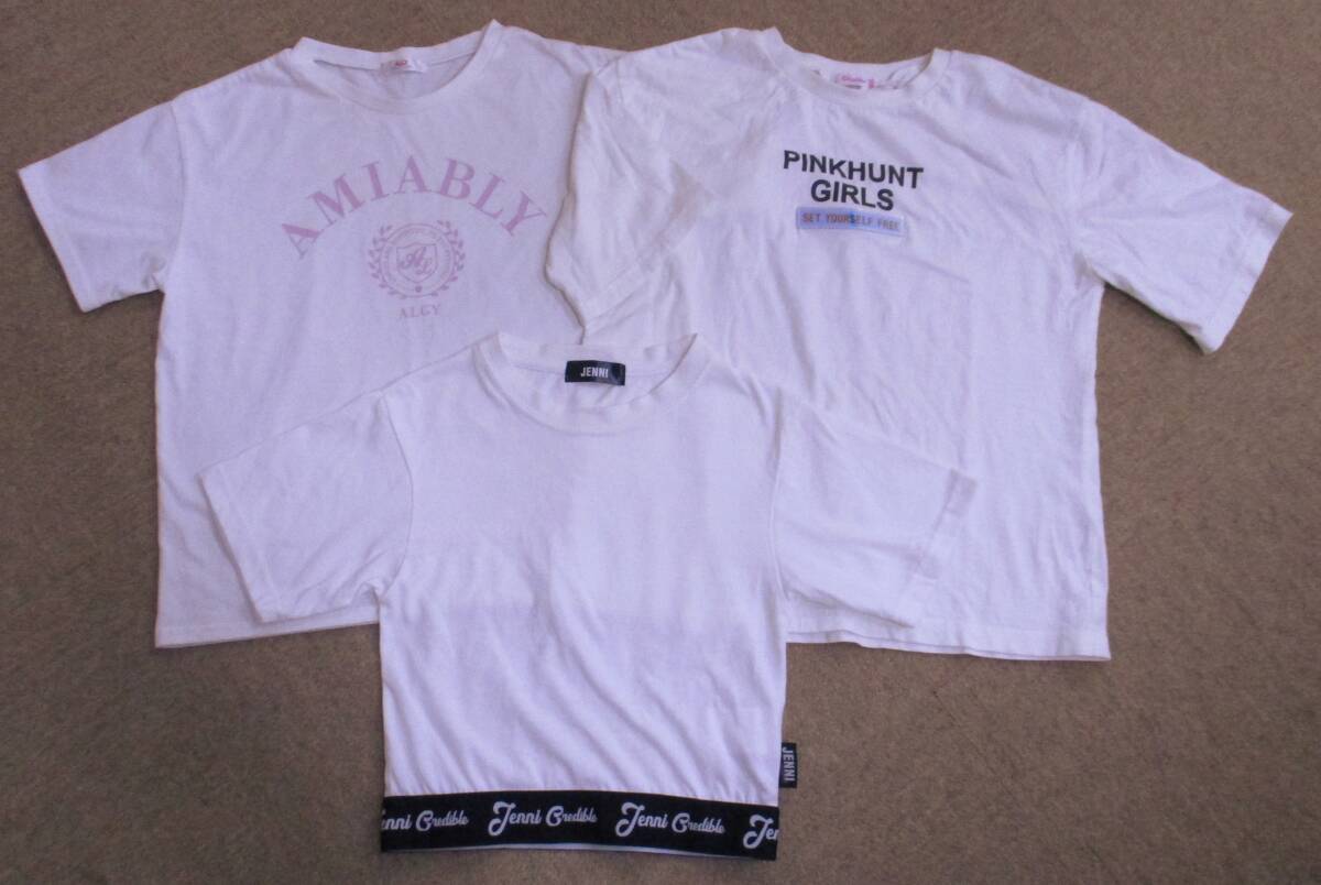 ☆2239【送料無料】ALGY Pinkhunt JENNI ジュニア 半袖 Tシャツ 3枚 まとめ売り 160 ホワイト プリント カットアウト ショート丈拍卖
