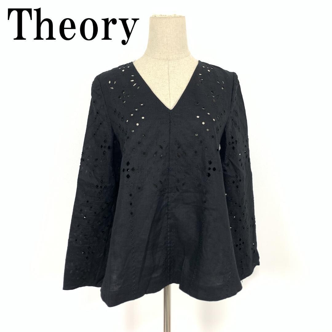 LA7573 Theory セオリー リネン100% 透け感有 Vネック ゆったり感 麻 長袖刺繍レース ブラウス ブラック S拍卖