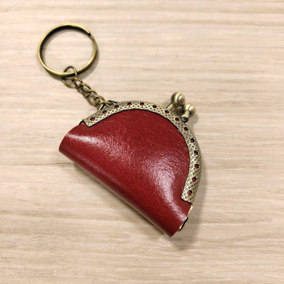 ミニ がま口 キーホルダー 濃赤 アンティーク口金 革レザー コインケース 財布拍卖