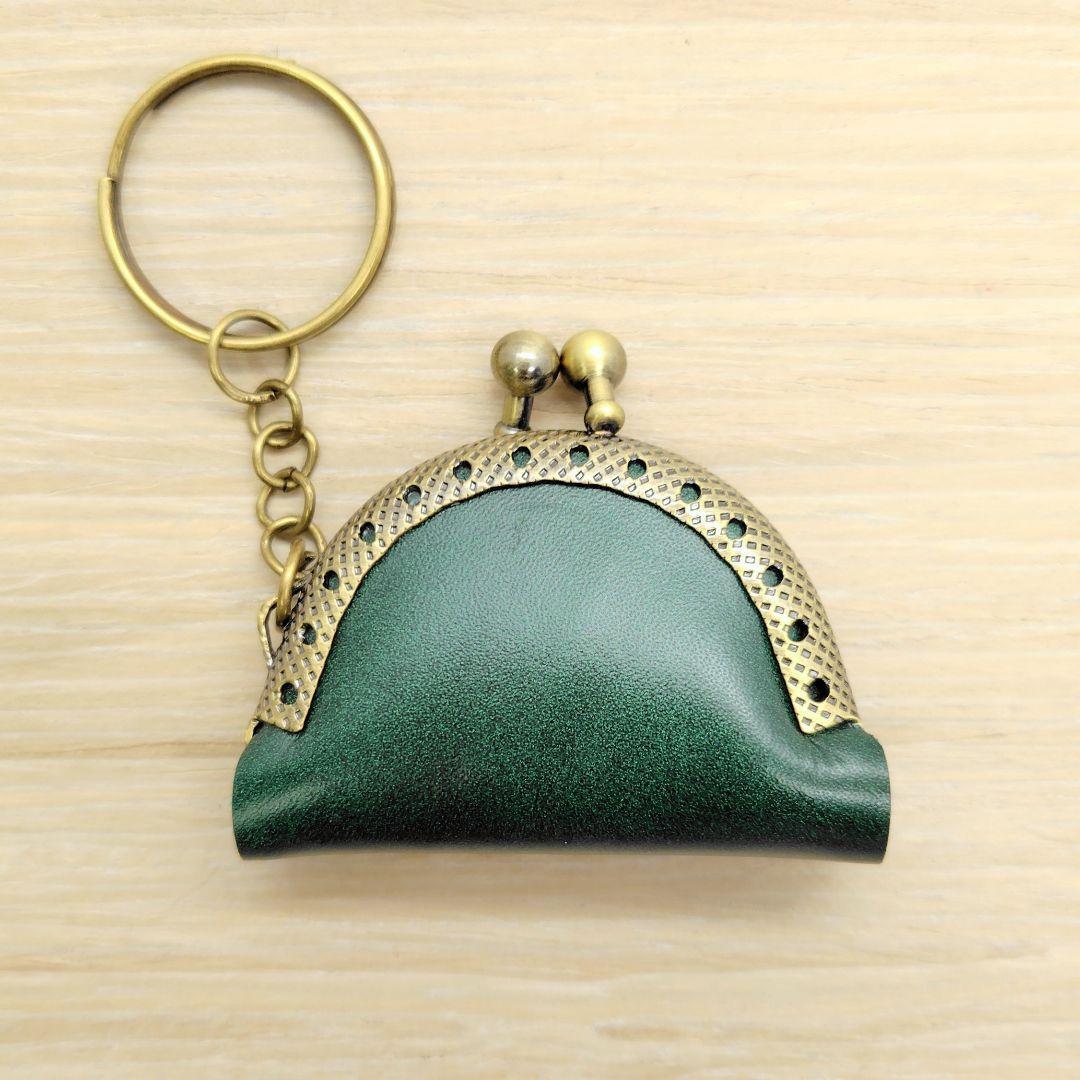 小さい 財布 がま口 濃グリーン 5cm キーホルダー 革レザー コインケース拍卖