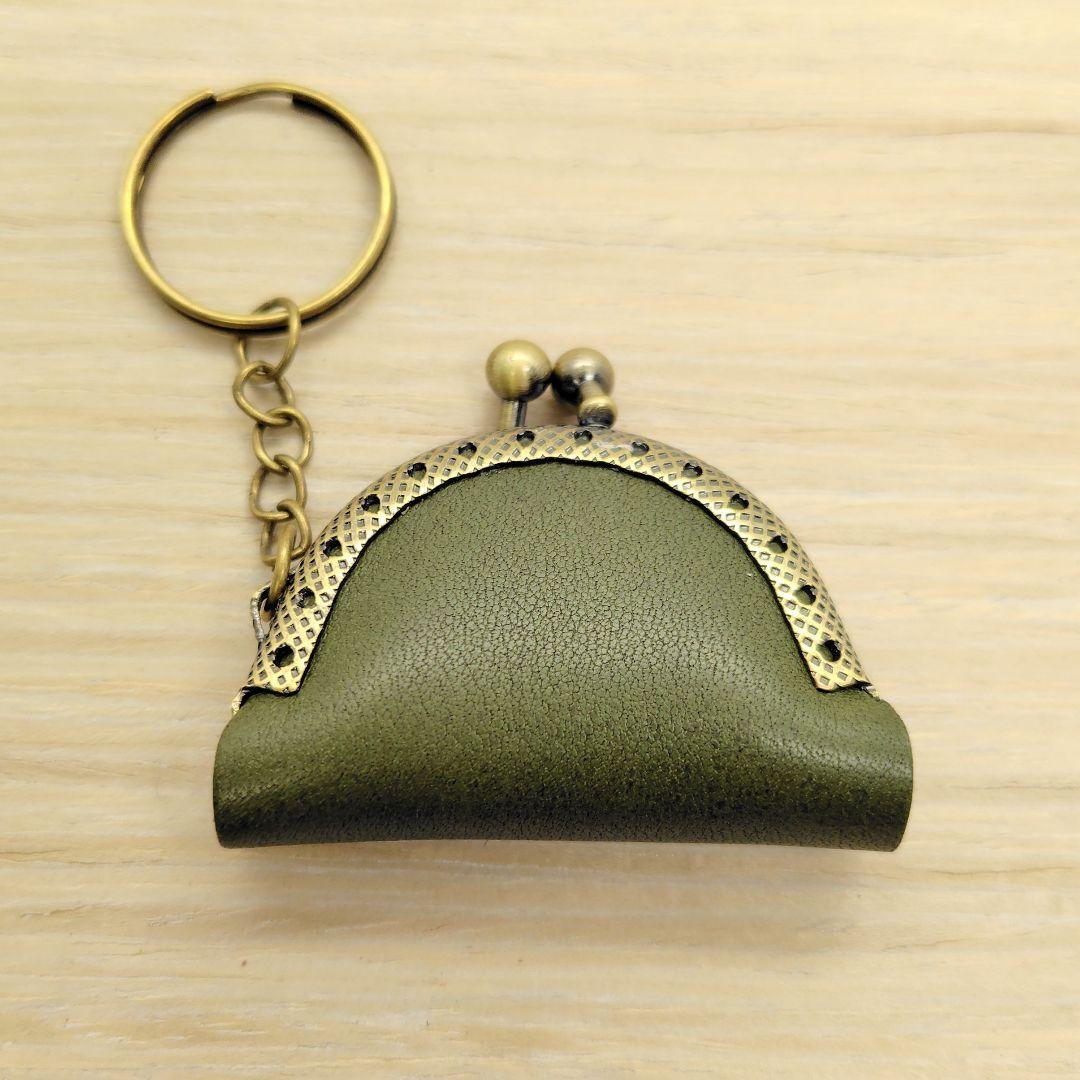 小さい財布 がま口 5cm キーホルダー モスグリーン 革 レザー コインケース拍卖
