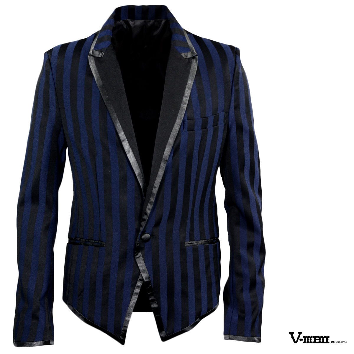 952582-29 V-MEN 太ストライプ 衿切替 メンズ 1ボタンショート丈 テーラードジャケット(ブルー青ブラック黒) L ユニフォーム イベント 司会拍卖