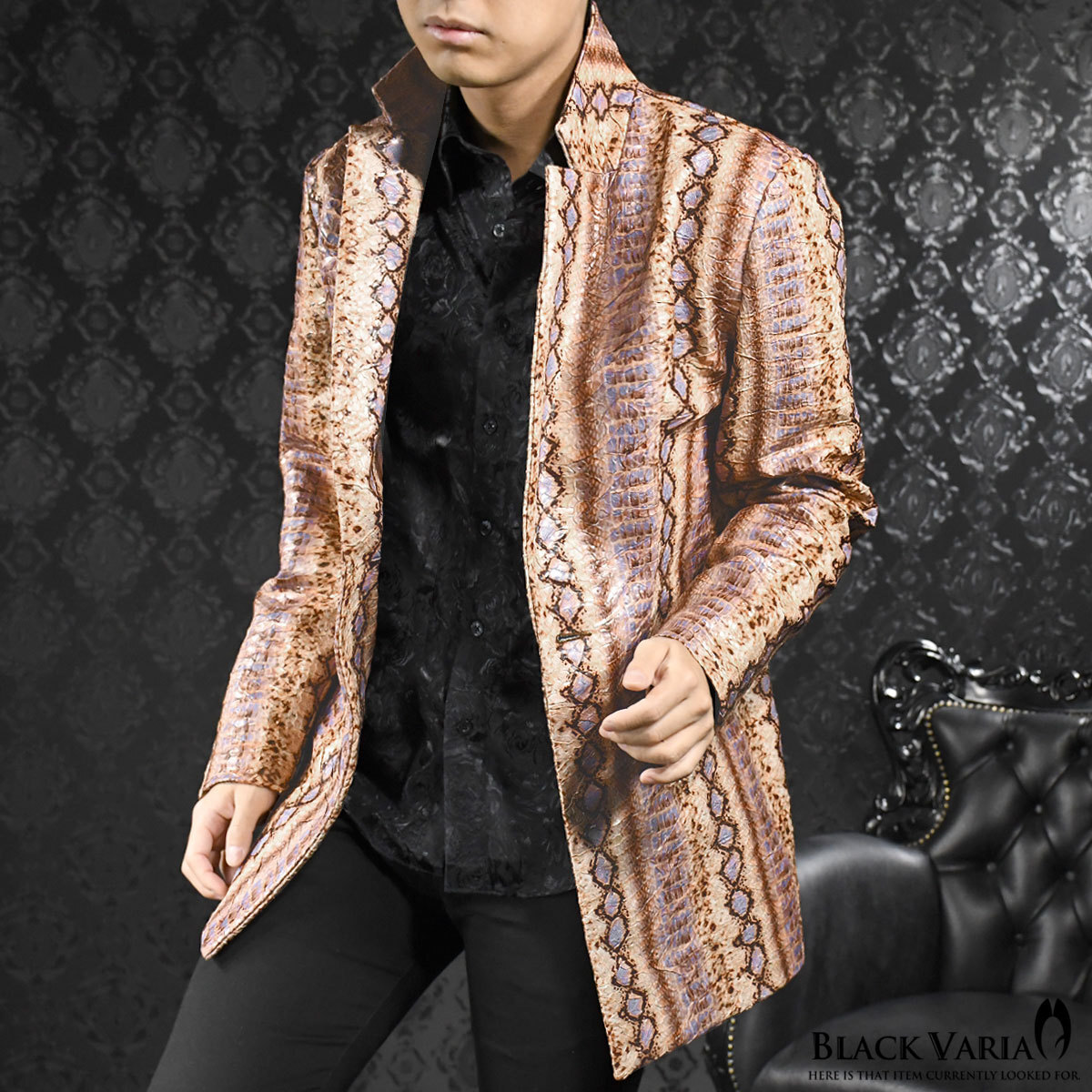 3#192204-plbe BLACK VARIA 蛇柄 スネーク 合皮 シワ加工 1釦テーラード ロングジャケット メンズ(パープル紫ベージュ) L パーティー 総柄拍卖