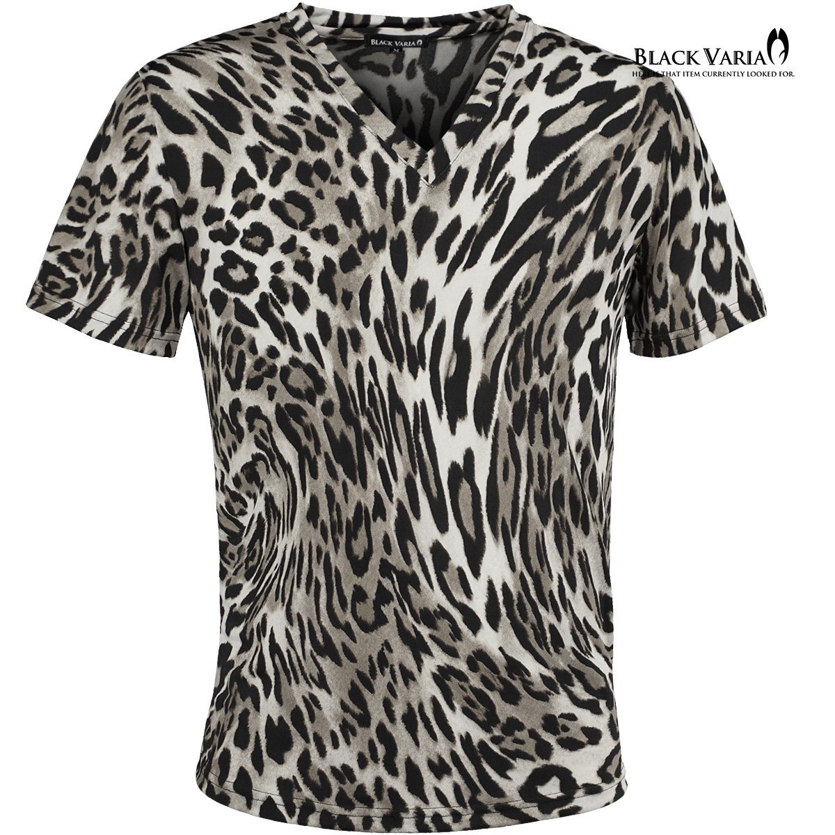241307-dbr BLACK VARIA Tシャツ 半袖 Vネック 渦 ヒョウ柄 豹 レオパード 派手 スリム ストレッチ メンズ(グレージュ茶ダークブラウン) M拍卖