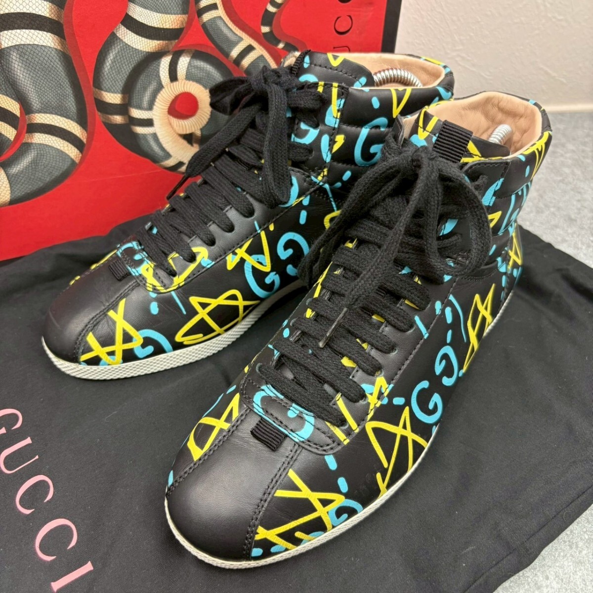 激レア!!【箱付き/美品】グッチ GUCCI ハイカット スニーカー ゴースト GG柄 レディース ブラック 黒 35 1/2 23.0cm レザー 本革拍卖