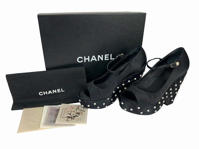 CHANEL / シャネル パンプス オープントゥ フェイクパール サテン イタリア製 レディース ブラック拍卖