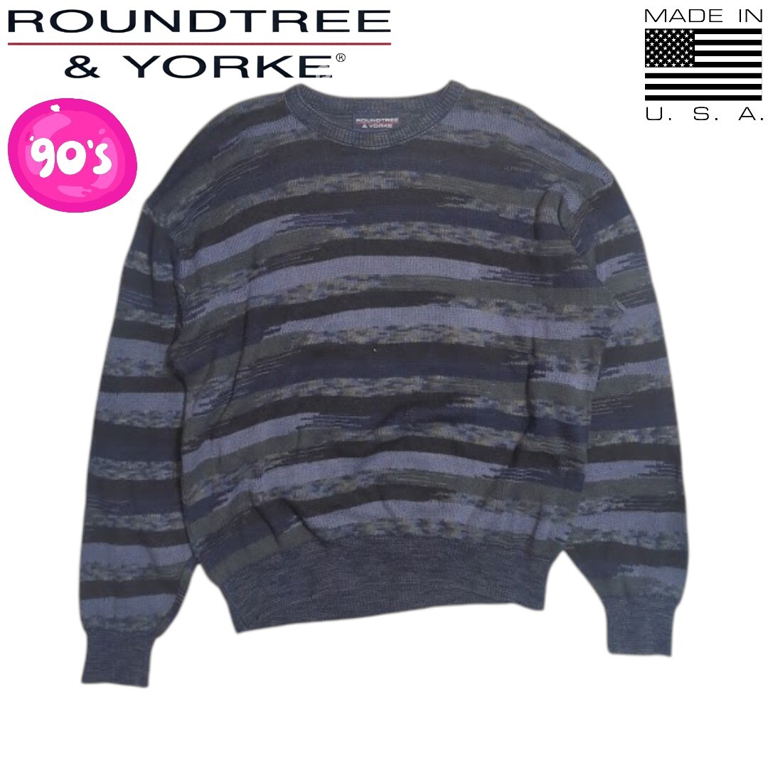 90s Vintage ROUNDTREE&YORKE USA製 ブルー カモフラ コットン セーター ラウンドツリーアンドヨーク アメリカ製 迷彩拍卖