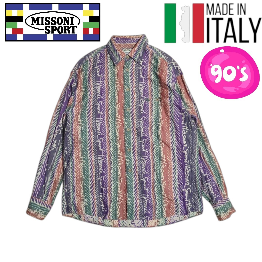 90s Vintage MISSONI SPORT イタリア製 マルチカラー 長袖シャツ ミッソーニスポーツ レターロゴ拍卖