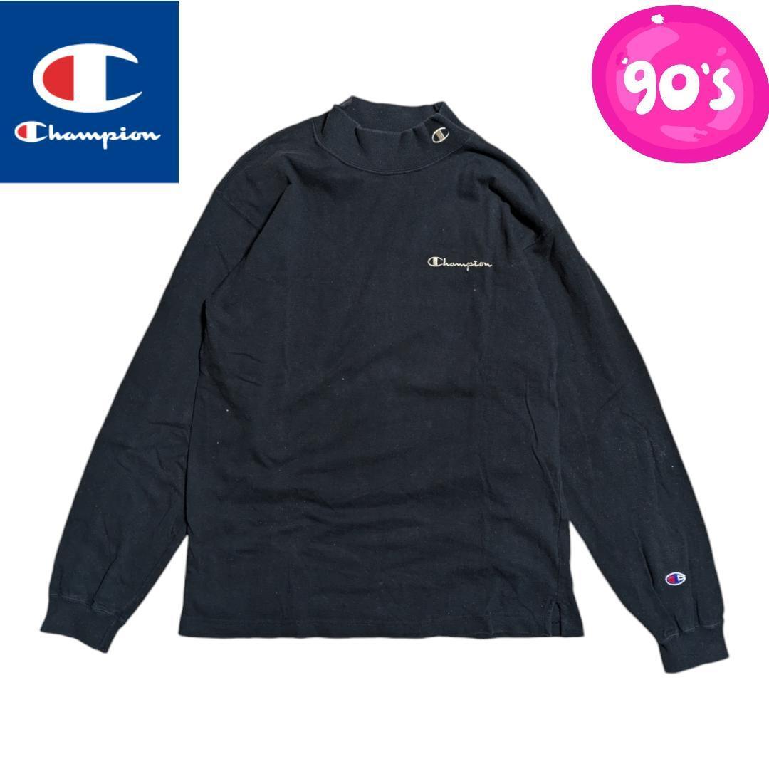 90s Vintage y2k 刺繍青タグ後期 CHAMPION ブラック モックネック 長袖Tシャツ チャンピオン 拍卖