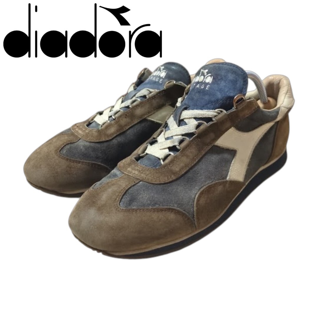26.5cm DIADORA HERITAGE EQUIPE S SW ブラウン ネイビー レザー スニーカー ディアドラ ヘリテイジ 拍卖