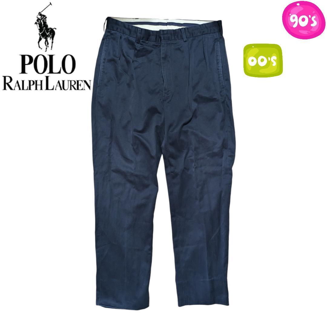 34 90s Vintage Polo by Ralph Lauren コットン ネイビー タック スラックス パンツ ポロバイラルフローレン 拍卖
