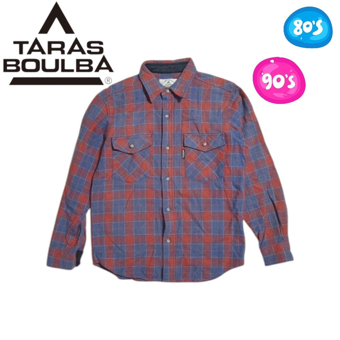L 90s Vintage TARAS BOULBA レッド ブルー チェック ウール 長袖シャツ アシックス タラスブルバ アウトドアブランド拍卖