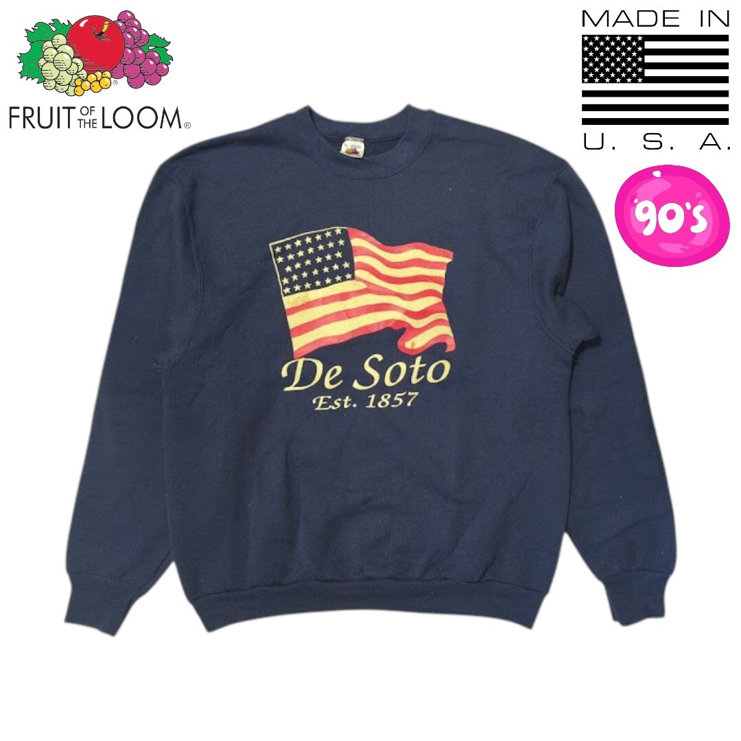 XL 90s FRUIT OF THE LOOM USA製 ネイビー 星条旗 De Soto スウェットトレーナー フルーツオブザルーム アメリカ製 アメリカンフラッグ 拍卖