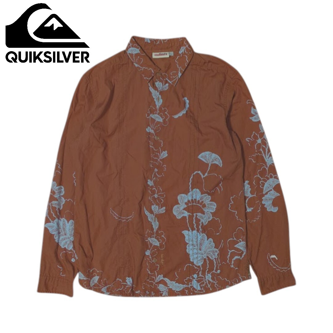 QUIKSILVER ブラウン リーフ ピンタック コットン 長袖シャツ クイックシルバー リーフ柄 総柄 拍卖