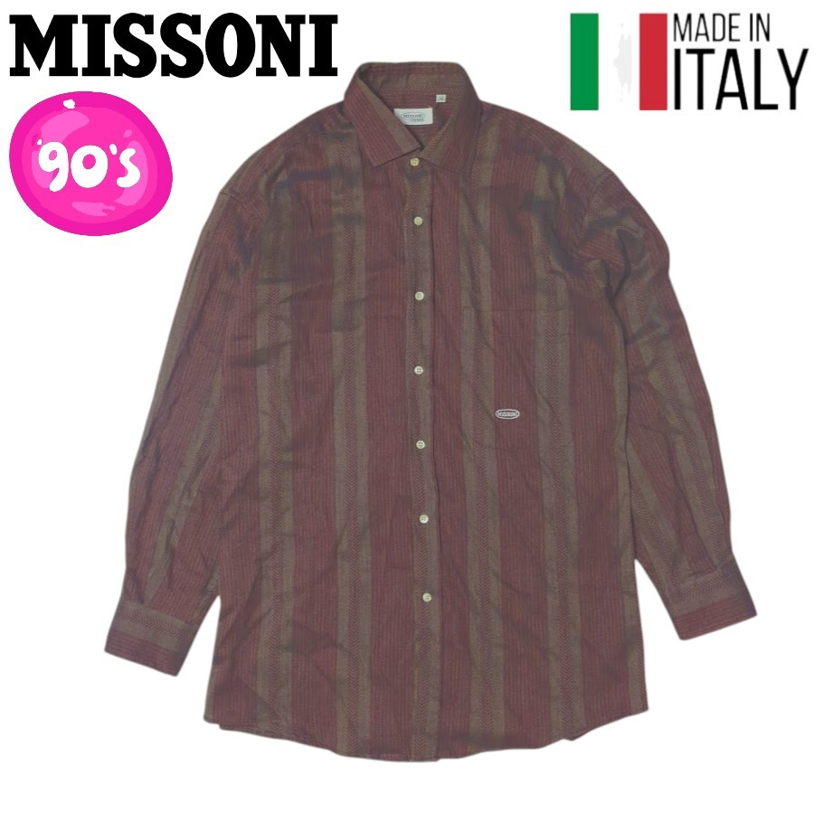 90s~ Vintage MISSONI UOMO バーガンディ コットン ウール 長袖シャツ ミッソーニ 拍卖