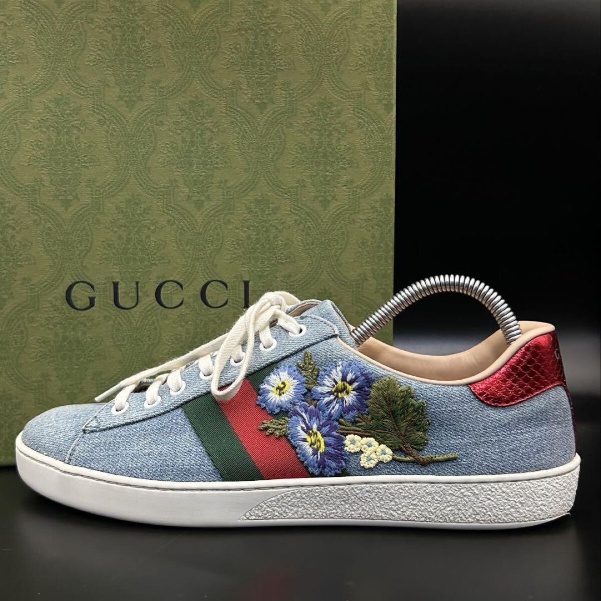 1円【美品】GUCCI グッチ HANA ローカットスニーカー シェリーライン 刺繍 フラワー デニム ロゴ メンズ ブルー 水色 拍卖