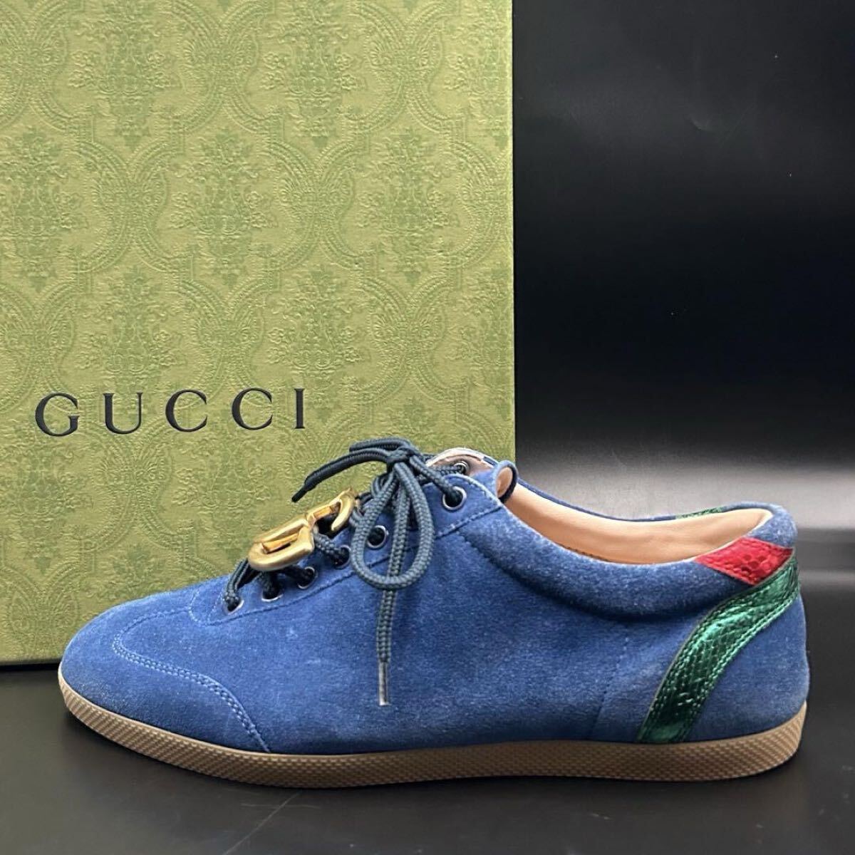 1円【美品】GUCCI グッチ ローカット スニーカー GG マーモント ゴールドロゴ メンズ スエード ブルー 青 サイズ25cm相当拍卖