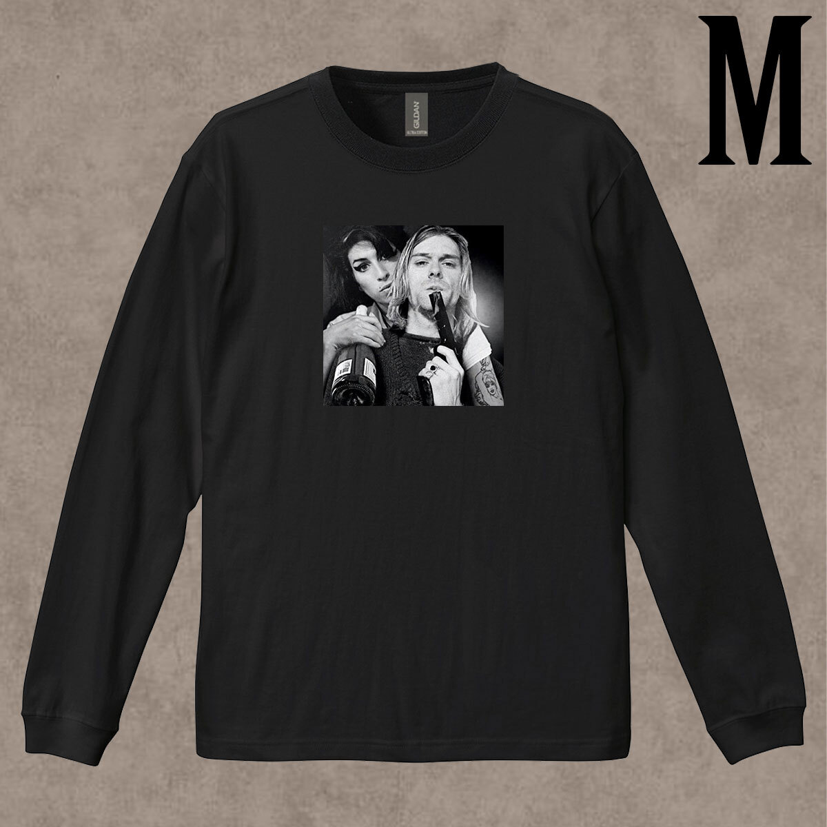 カートコバーン エイミーワインハウス 柄 フォトプリント リブ付き 長袖 Tシャツ ロンT 6.0oz コットン100% ユニセックス クロ M拍卖