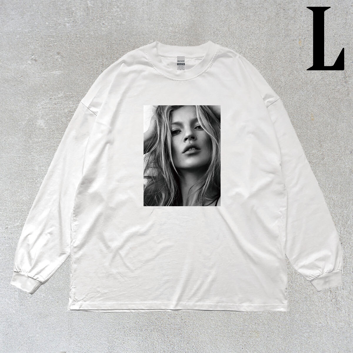 ケイト モス Kate Moss モノクロ フォトプリント リブ付き 長袖 Tシャツ ロンT キレイめ カジュアル 6.0oz コットン100% ユニセックス L拍卖