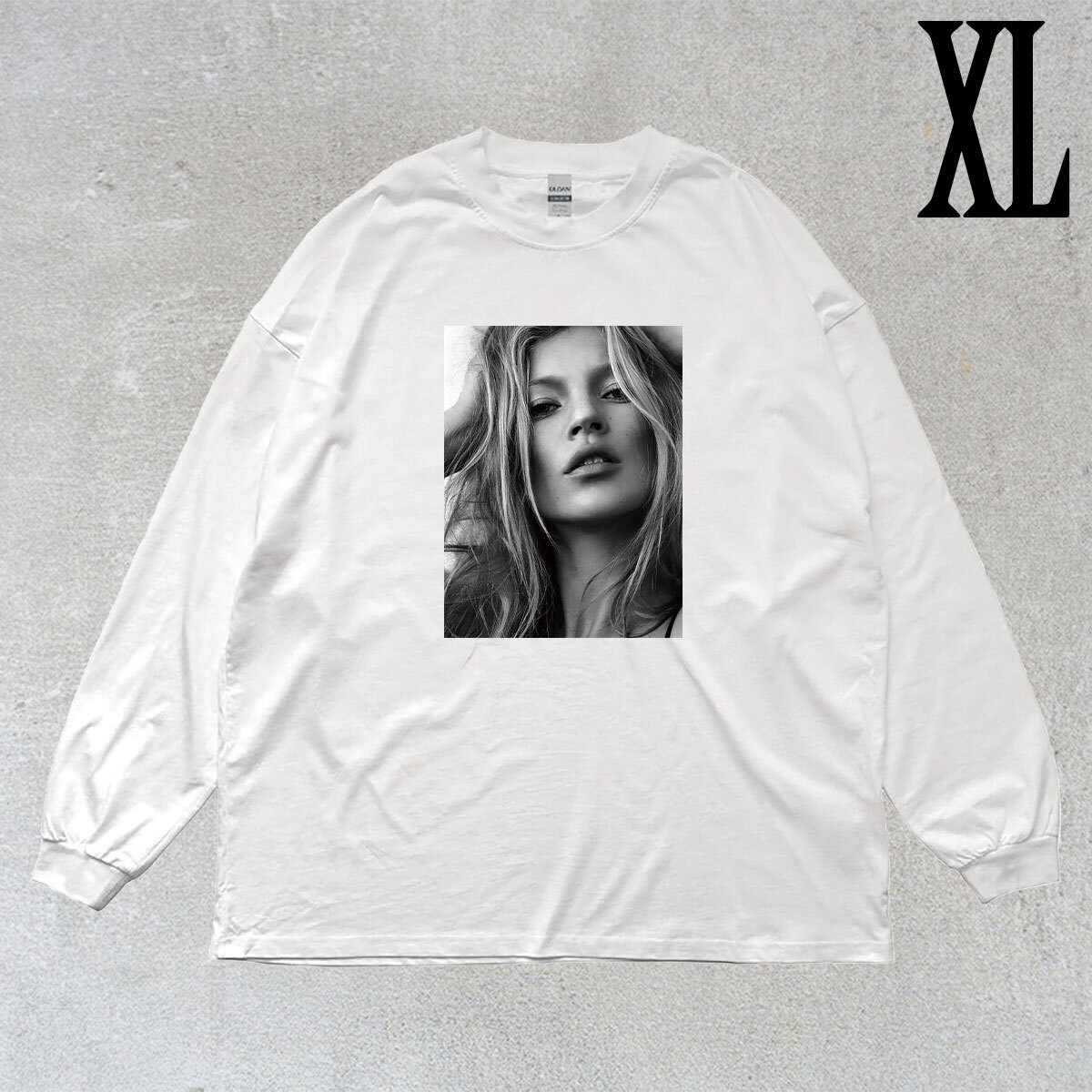 ケイト モス Kate Moss モノクロ フォトプリント リブ付き 長袖 Tシャツ ロンT キレイめ カジュアル 6.0oz コットン100% ユニセックス XL拍卖