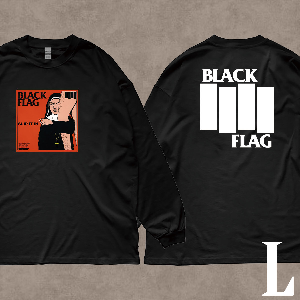 ブラックフラッグ BLACK FLAG イラストプリント リブ付き 長袖 Tシャツ ロンT キレイめ カジュアル 6.0oz コットン100% ブラック L拍卖