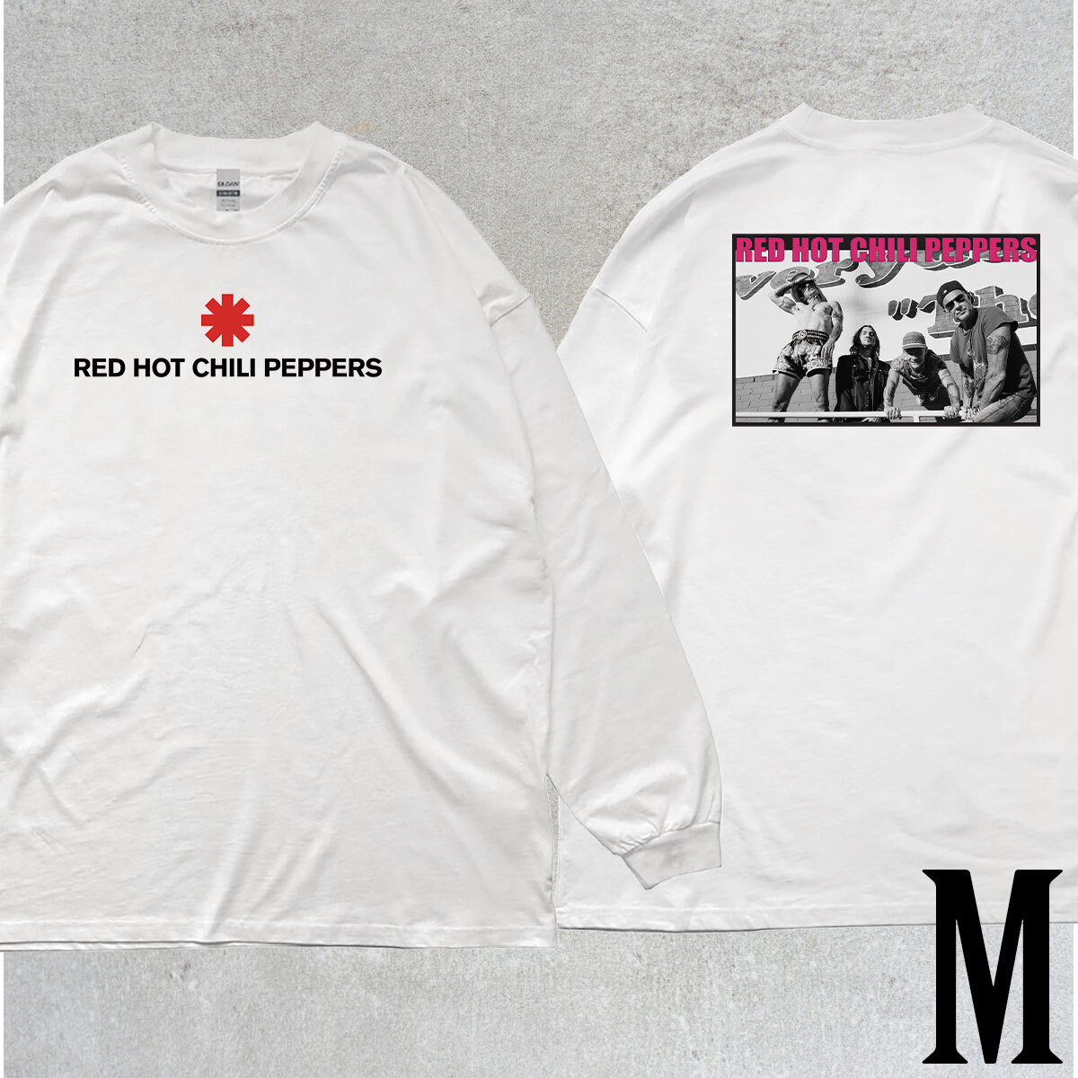 レッド ホット チリペッパーズ RHCP フォトプリント リブ付き 長袖 Tシャツ ロンT キレイめ カジュアル 6.0oz コットン100% ホワイト M拍卖