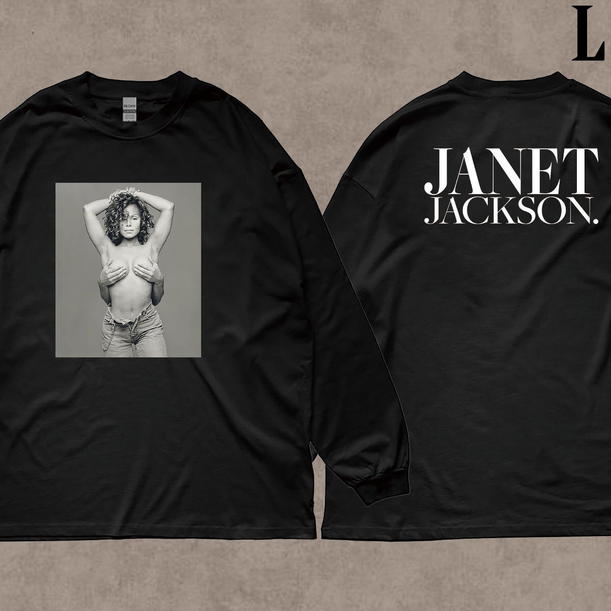 ジャネット ジャクソン JANET JACKSON フォトプリント バックプリント リブ付き 長袖 Tシャツ ロンT 6oz 綿100% クロ L拍卖