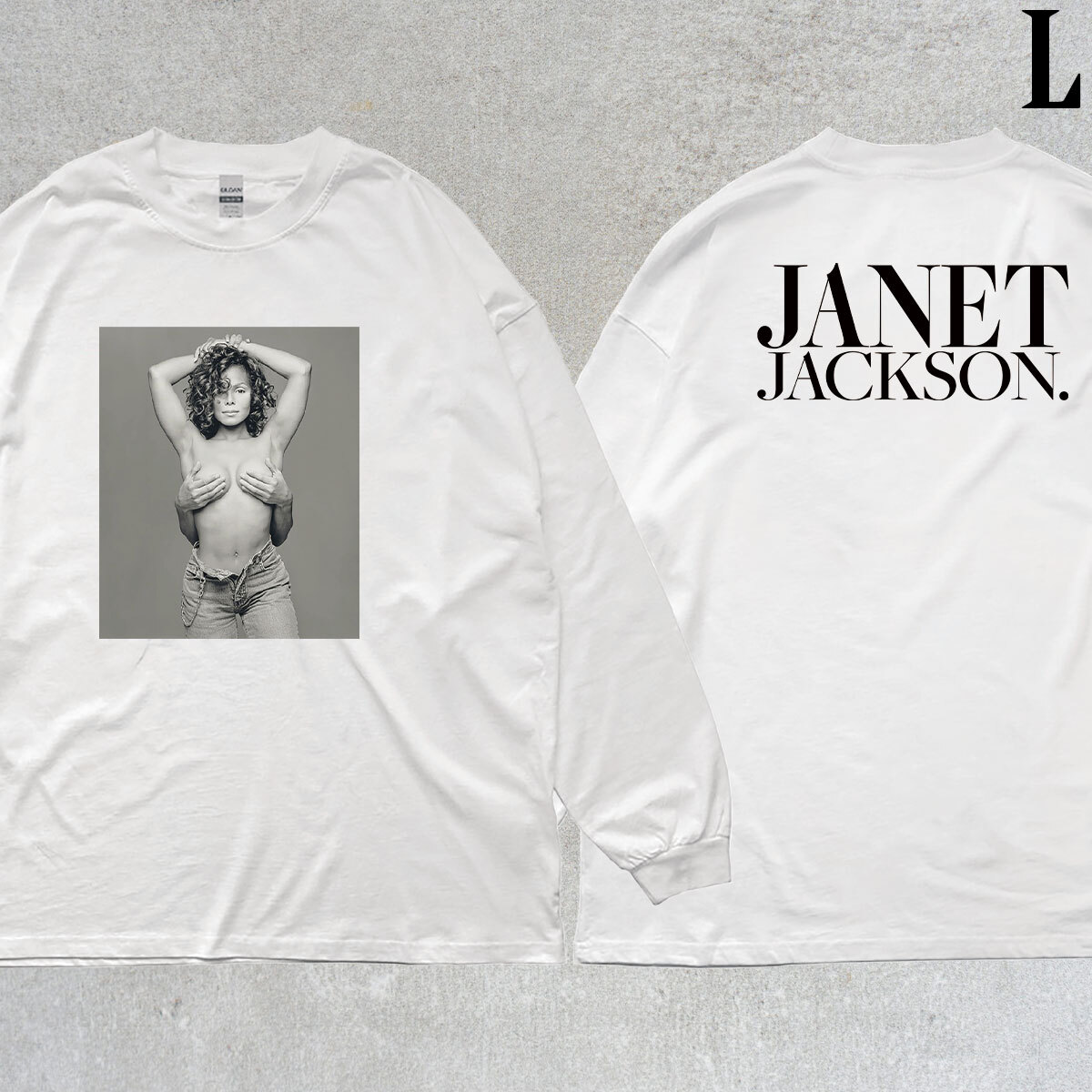 ジャネット ジャクソン JANET JACKSON フォトプリント バックプリント リブ付き 長袖 Tシャツ ロンT 6oz 綿100% シロ L拍卖