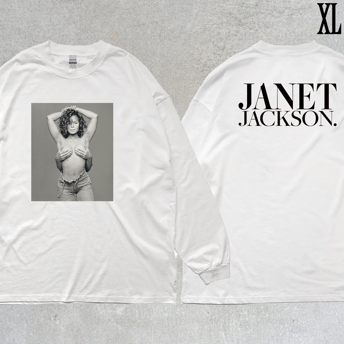 ジャネット ジャクソン JANET JACKSON フォトプリント バックプリント リブ付き 長袖 Tシャツ ロンT 6oz 綿100% シロ XL拍卖