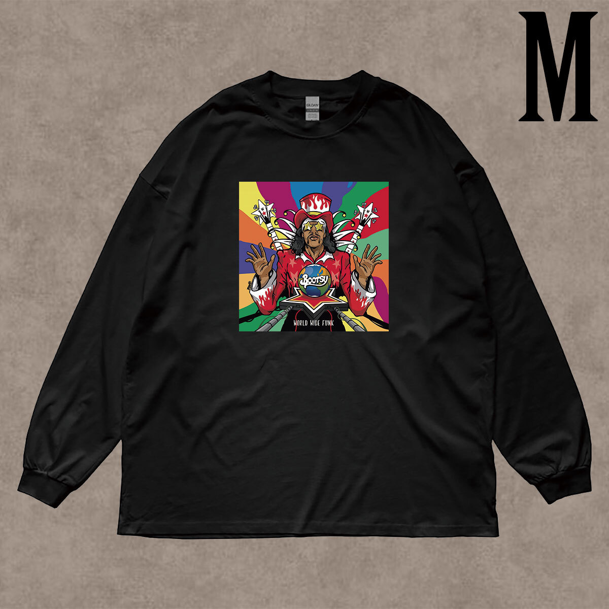 ブーツィー コリンズ BOOTSY COLLINS ワールドワイドファンク World Wide Funk イラストプリント リブ付き 長袖 Tシャツ ロンT 綿100% BK M拍卖