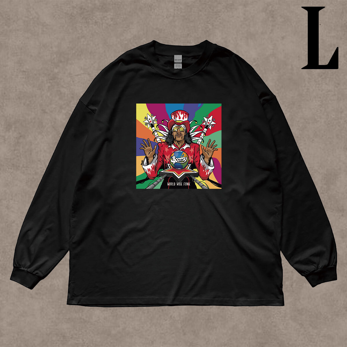 ブーツィー コリンズ BOOTSY COLLINS ワールドワイドファンク World Wide Funk イラストプリント リブ付き 長袖 Tシャツ ロンT 綿100% BK L拍卖