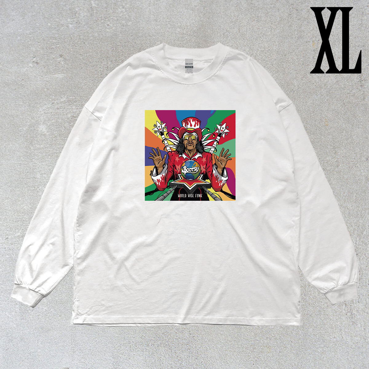 ブーツィー コリンズ BOOTSY COLLINS ワールドワイドファンク World Wide Funk イラストプリント リブ付き 長袖 Tシャツ ロンT 綿100% WH 拍卖