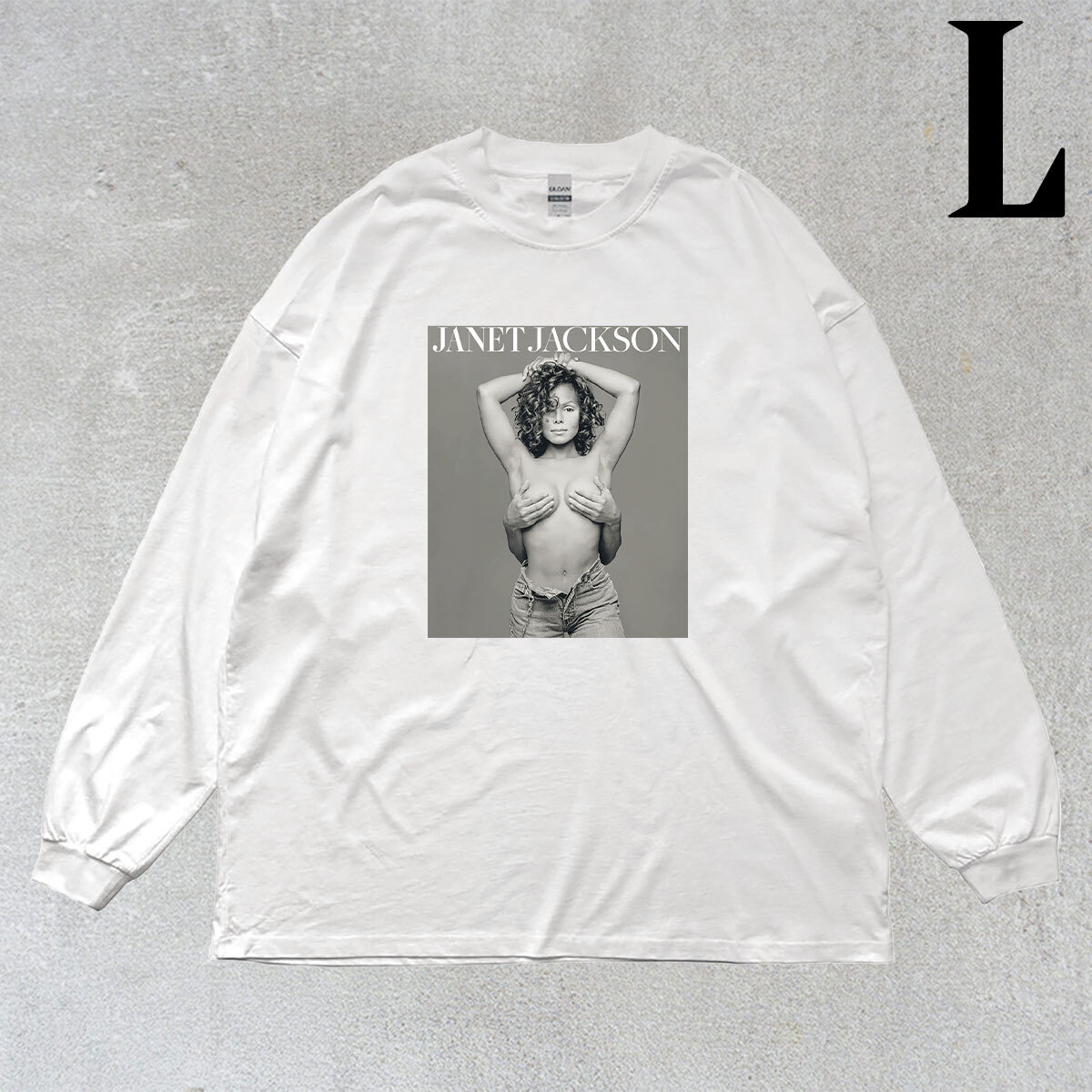 ジャネット ジャクソン JANET JACKSON フォトプリント リブ付き 長袖 Tシャツ ロンT キレイめ カジュアル 6.0oz コットン100% シロ L拍卖