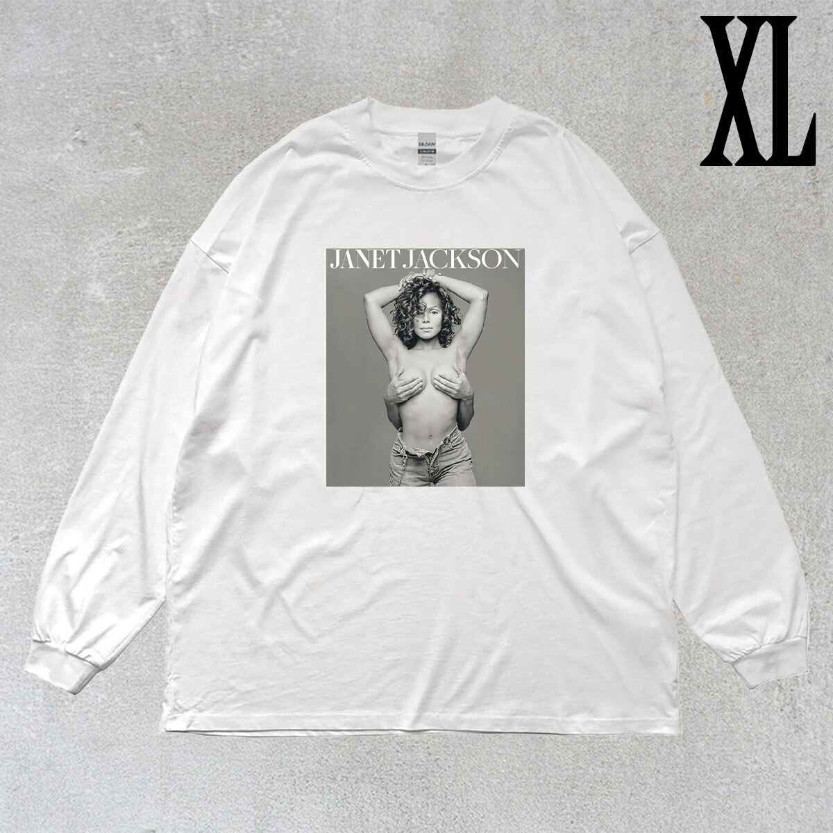 ジャネット ジャクソン JANET JACKSON フォトプリント リブ付き 長袖 Tシャツ ロンT キレイめ カジュアル 6.0oz コットン100% シロ XL拍卖