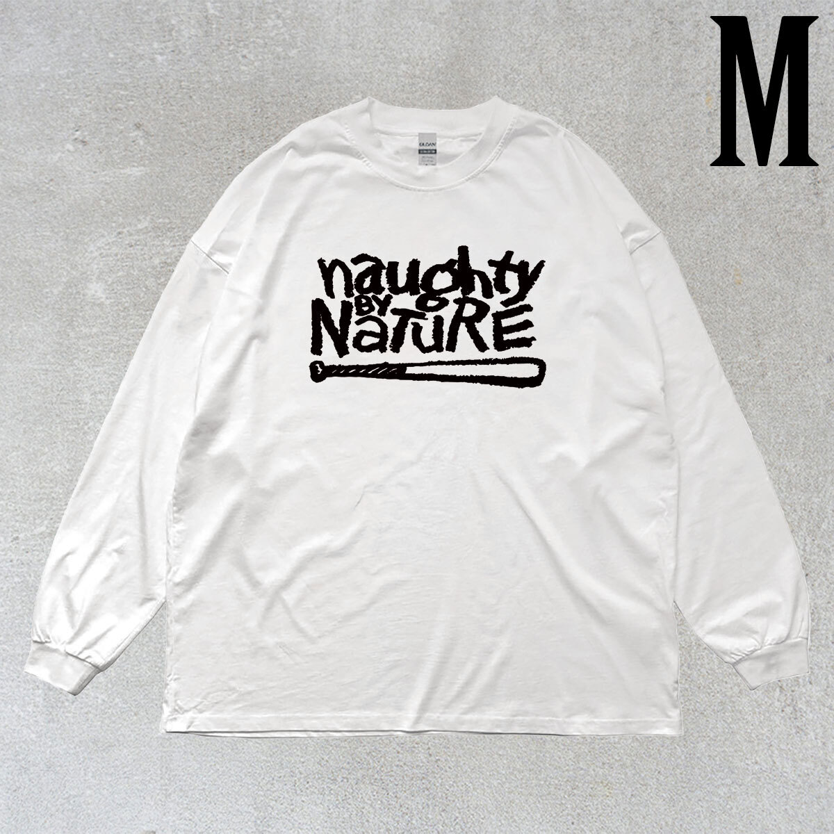 ノーティ・バイ・ネイチャー Naughty by Nature ロゴ プリント リブ付き 長袖 Tシャツ ロンT 6oz コットン100% シロ M拍卖