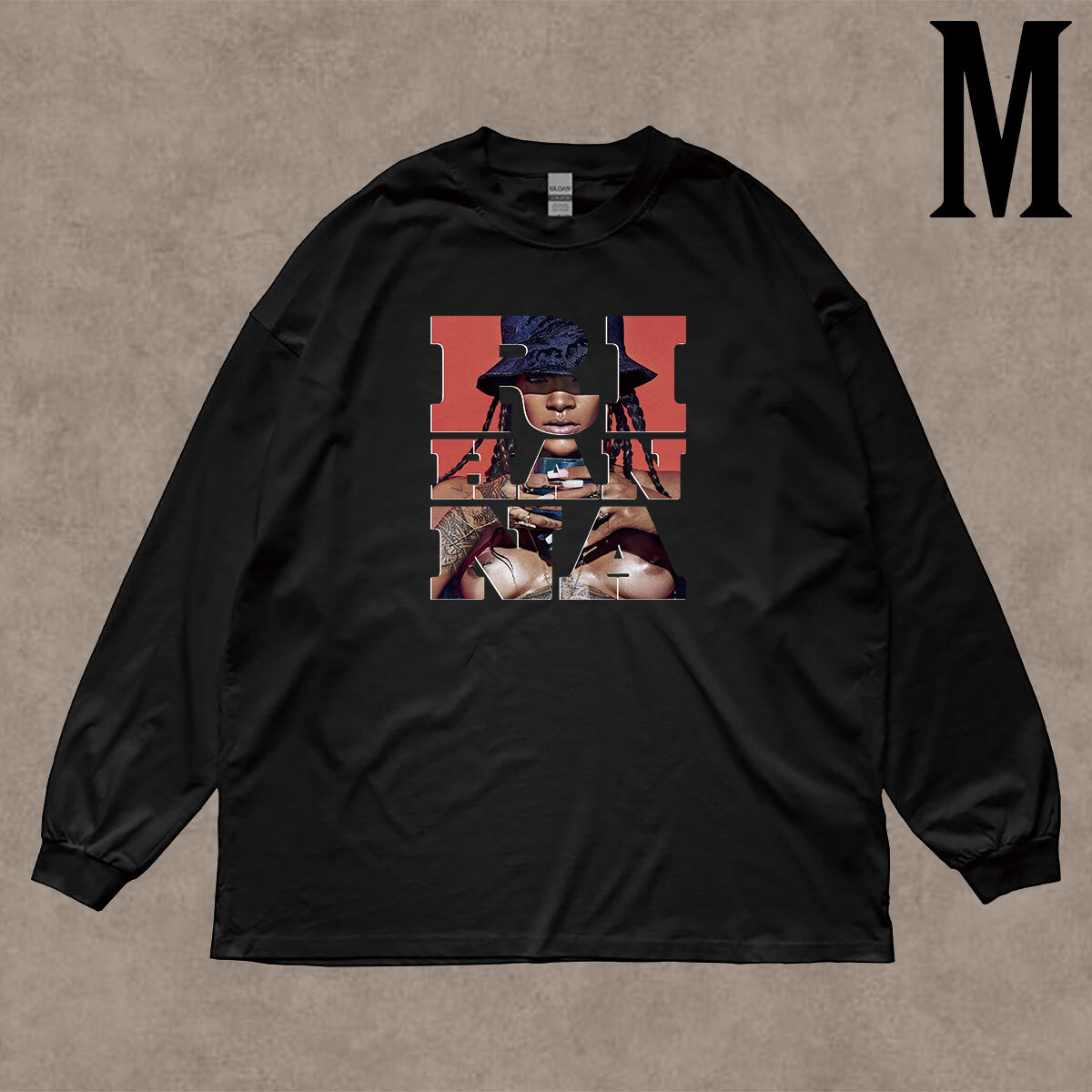 リアーナ Rihanna フォトプリント リブ付き 長袖 Tシャツ ロンT 6oz コットン100% キレイめ カジュアル R&B クロ M拍卖