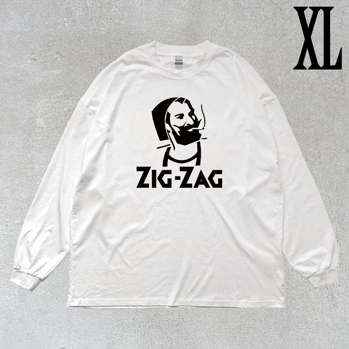ジグザグ ZIG-ZAG イラストプリント リブ付き 長袖 Tシャツ ロンT フランス タバコ用巻紙 ル マムール 6oz 綿100% シロ XL拍卖