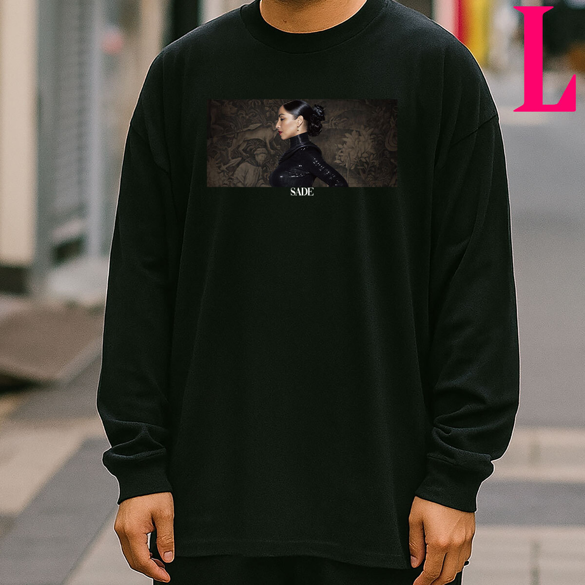 SADE シャーデー 柄 フォトプリント リブ付き 長袖 Tシャツ ロンT ミュージック Tシャツ 6.0oz コットン100% ユニセックス クロ L拍卖