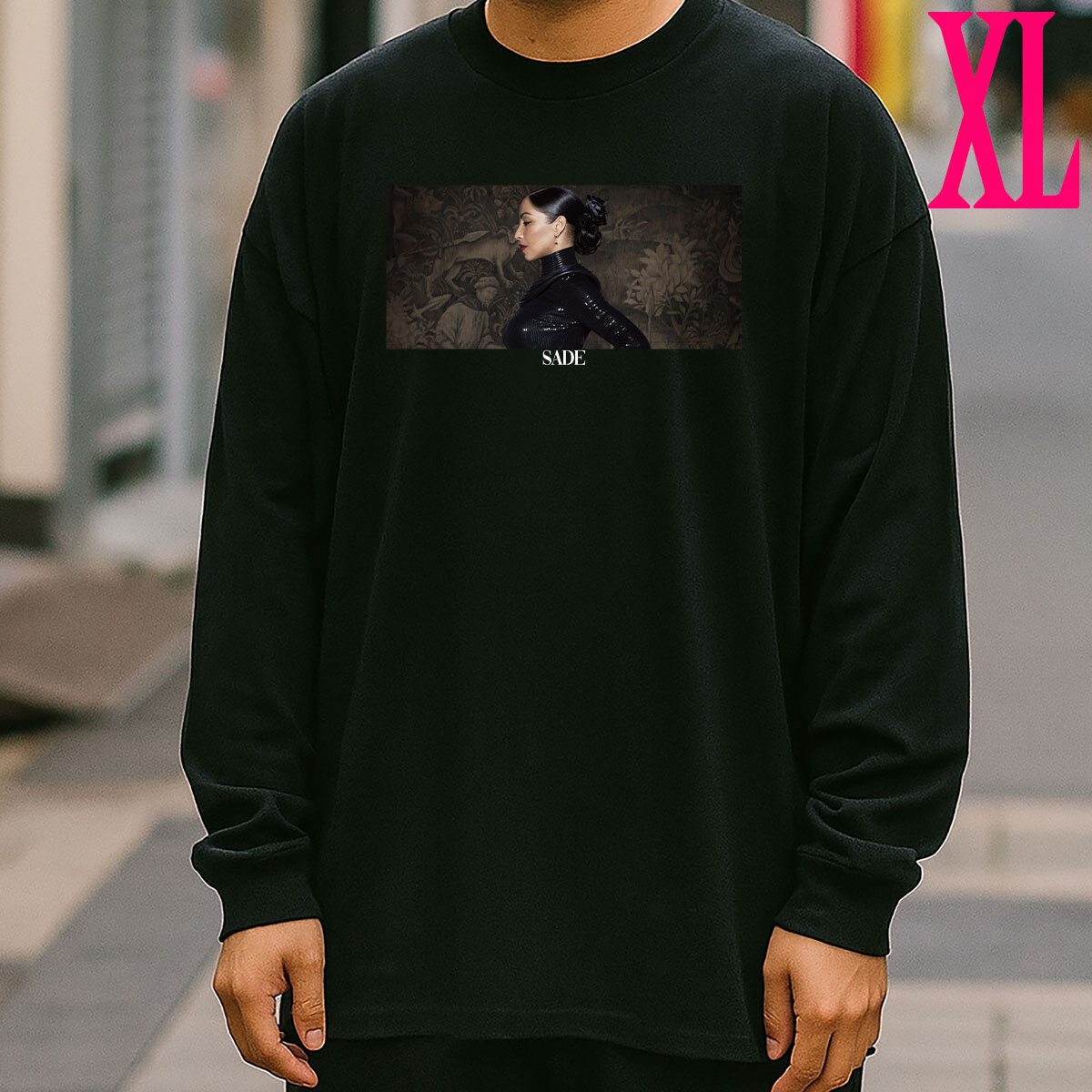 SADE シャーデー 柄 フォトプリント リブ付き 長袖 Tシャツ ロンT ミュージック Tシャツ 6.0oz コットン100% ユニセックス クロ XL拍卖
