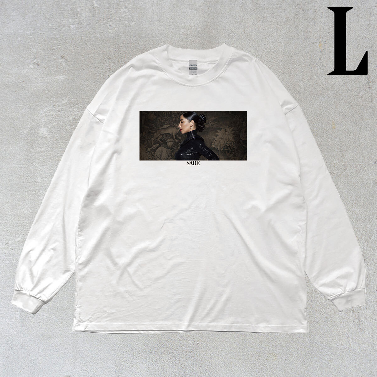 SADE シャーデー 柄 フォトプリント リブ付き 長袖 Tシャツ ロンT ミュージック Tシャツ 6.0oz コットン100% ユニセックス シロ L拍卖